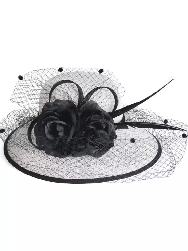 Elegant Beige Linen Hat with Black Floral Embellishments - Bridal Hats with Veil