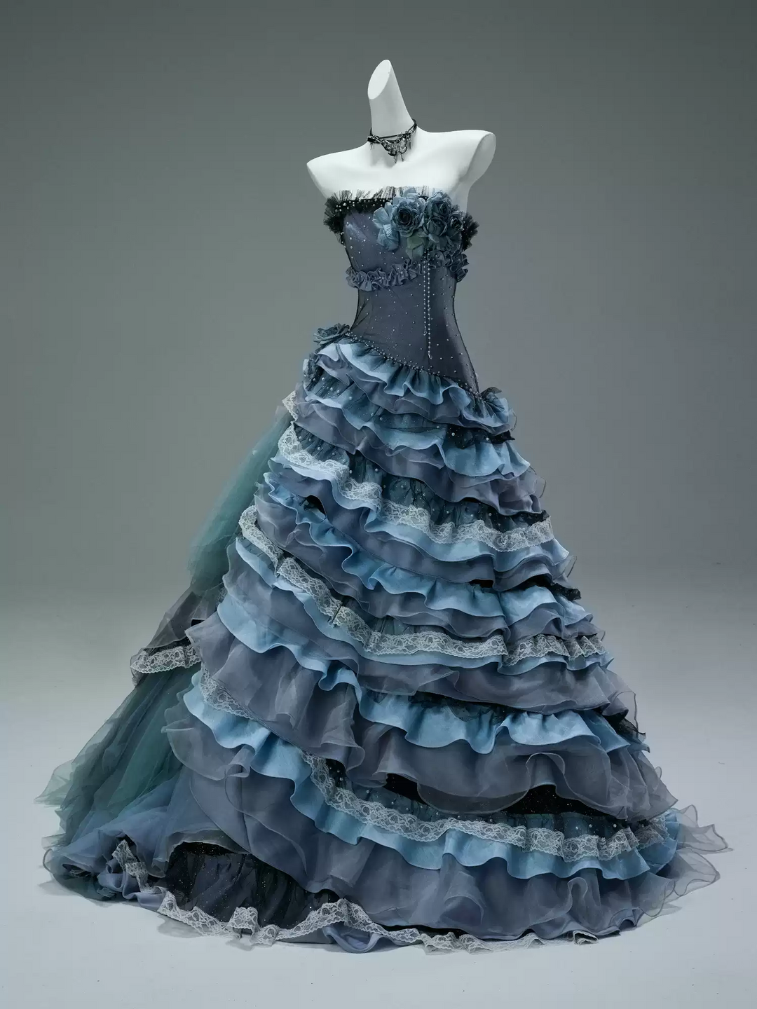 Navy Layered Tulle Ruffle Dress with Corset Bodice – Strapless Evening Dress with Floral Appliqué and Lace Details Plus Size