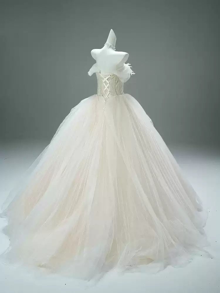 Cream Off the Shoulder Evening Dress with Feathered Bodice – Corset Evening Dress with Layered Skirt Plus Size