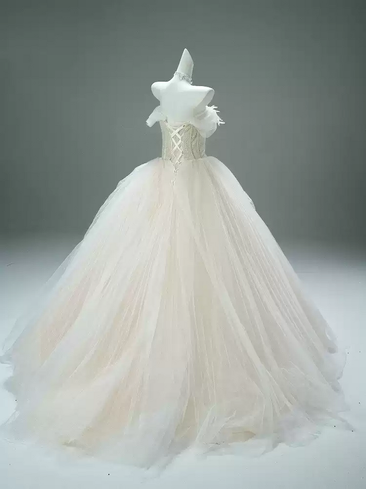 Cream Off the Shoulder Evening Dress with Feathered Bodice – Corset Evening Dress with Layered Skirt Plus Size