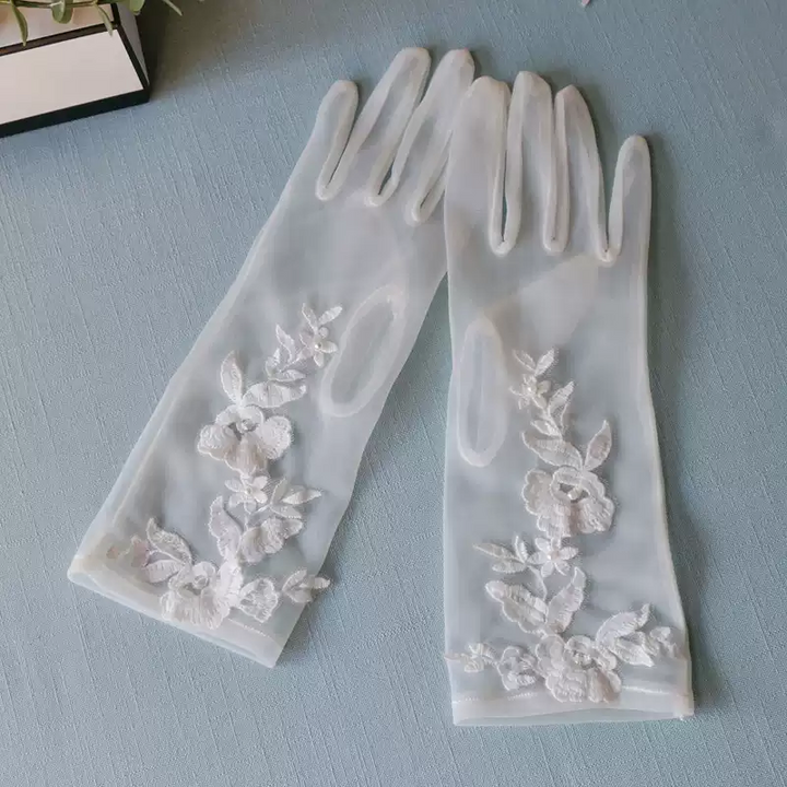 Vintage-Inspired White  Floral Embroidered Tulle Bridal Gloves
