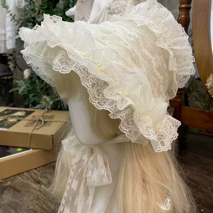 Handmade Floral Lace Lolita Hat - Vintage-Inspired Lace Bonnet with Ribbon Ties