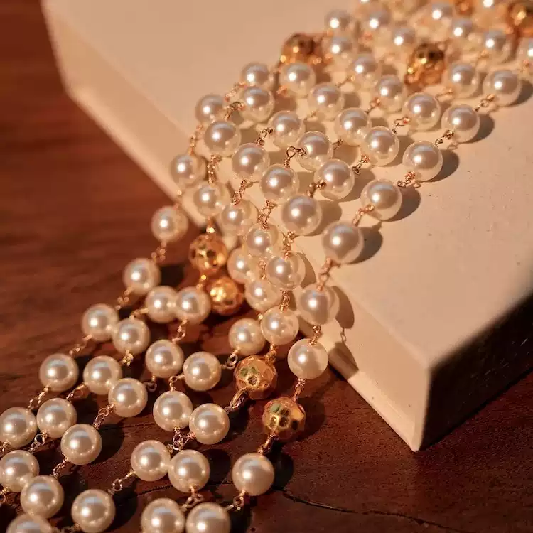 Reverie of Gabrielle – Long Pearl and Gold Bead Necklace - Salute to Gabrielle