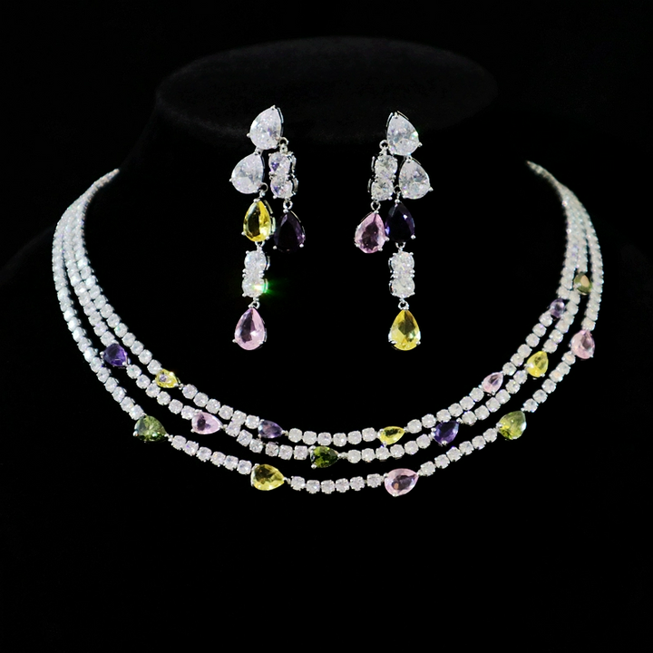 Luxurious Zircon Water Drop Necklace and Earrings Jewelry Set