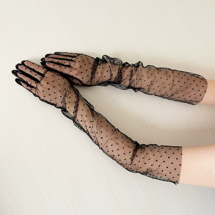 Chic Black Polka-Dot Mesh Long Gloves - Black Evening Gloves