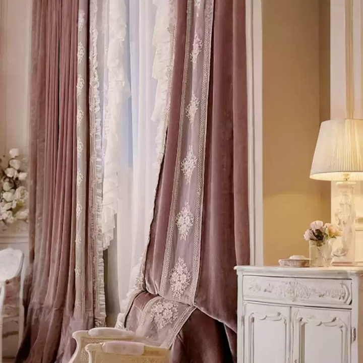 “Rosé Mornings” Rococo Curtains – Pink Velvet Versailles Drapes with Lace Trim for Romantic Home Interiors