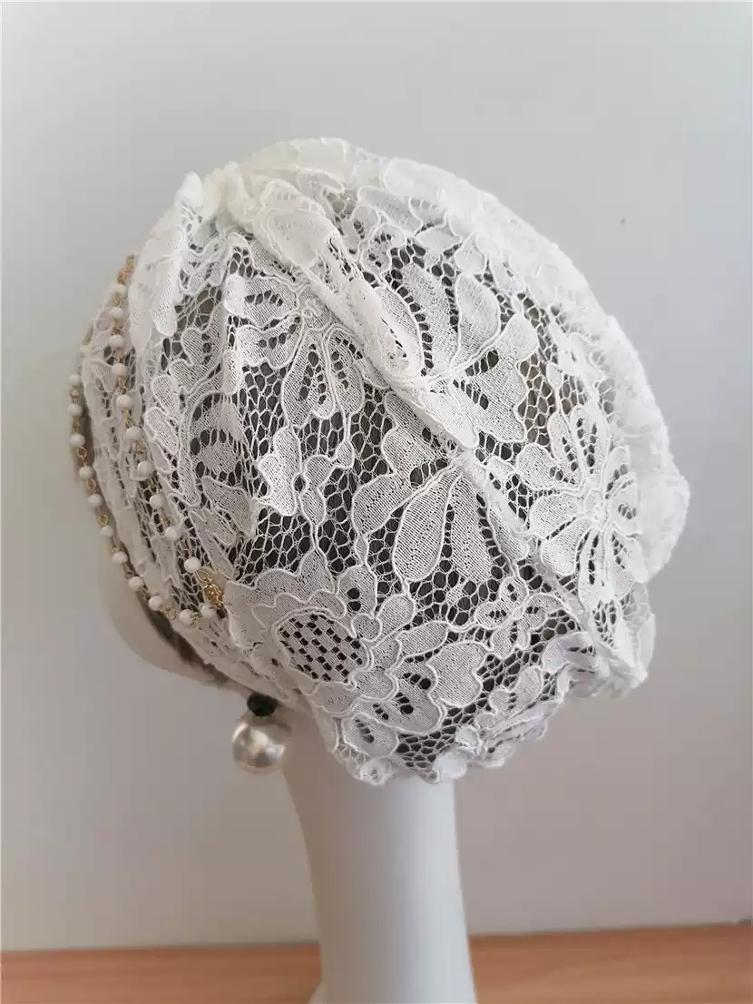 Exquisite Lace Bridal Hat with Pearl Accents - White Lace Bonnet