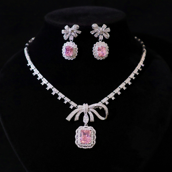 Vintage-Inspired Pink Gemstone Necklace and Earrings Set – Elegant Bridal Jewelry Set