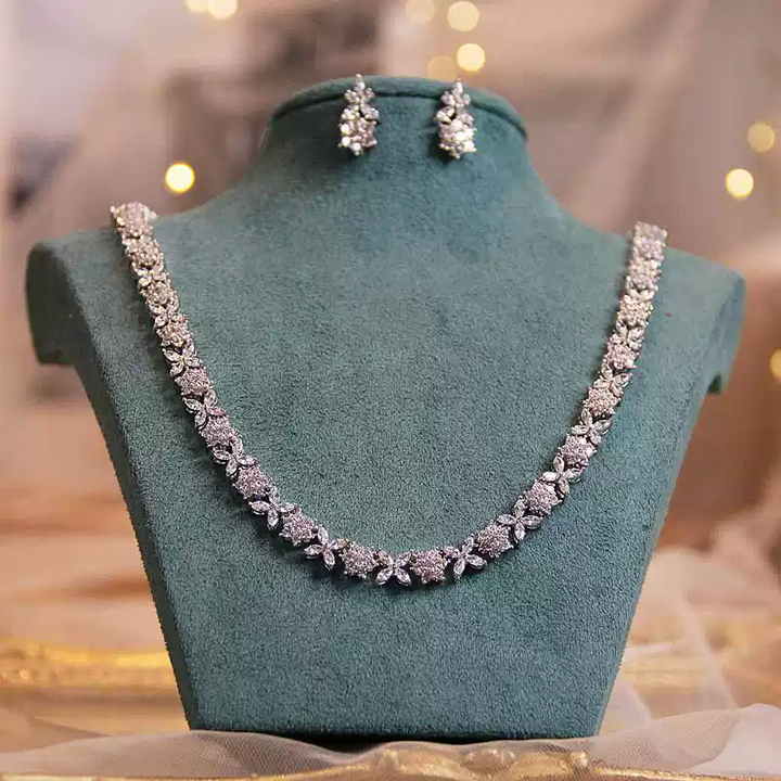 Petal Lattice – Floral Crystal Necklace & Earrings Set