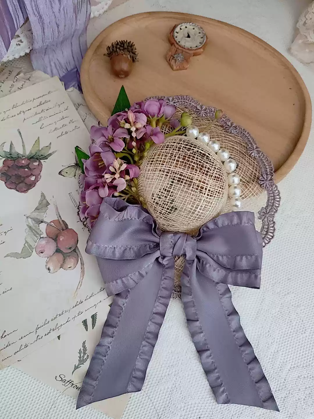 Regency Era Inspired Bonnet with Floral Accents - Purple Bonnet with Lavender Ribbon