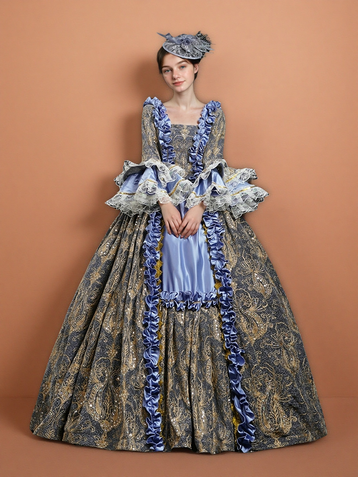 Blue Rococo Court Dress with Ruffles and Satin Panels – 18th Century Marie Antoinette Gown Replica