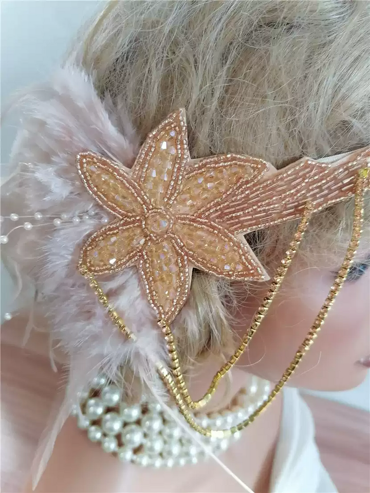 Vintage-Inspired Flapper Headband with Pearl and Feather Accents