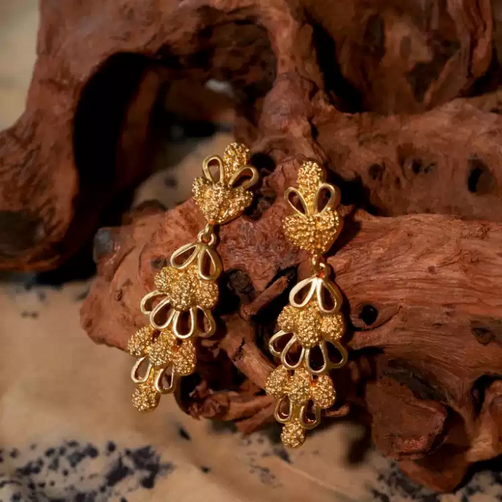 Golden Reverie – Handmade Vintage Filigree Long Drop Earrings – Pinecone