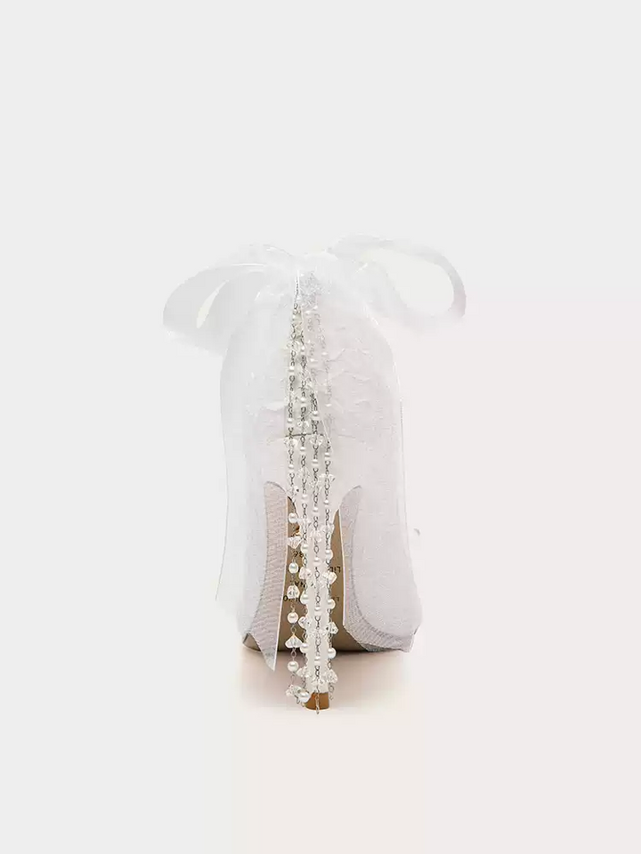 Vintage Inspired White Bridal High Heels with Tassel Detail and Bow