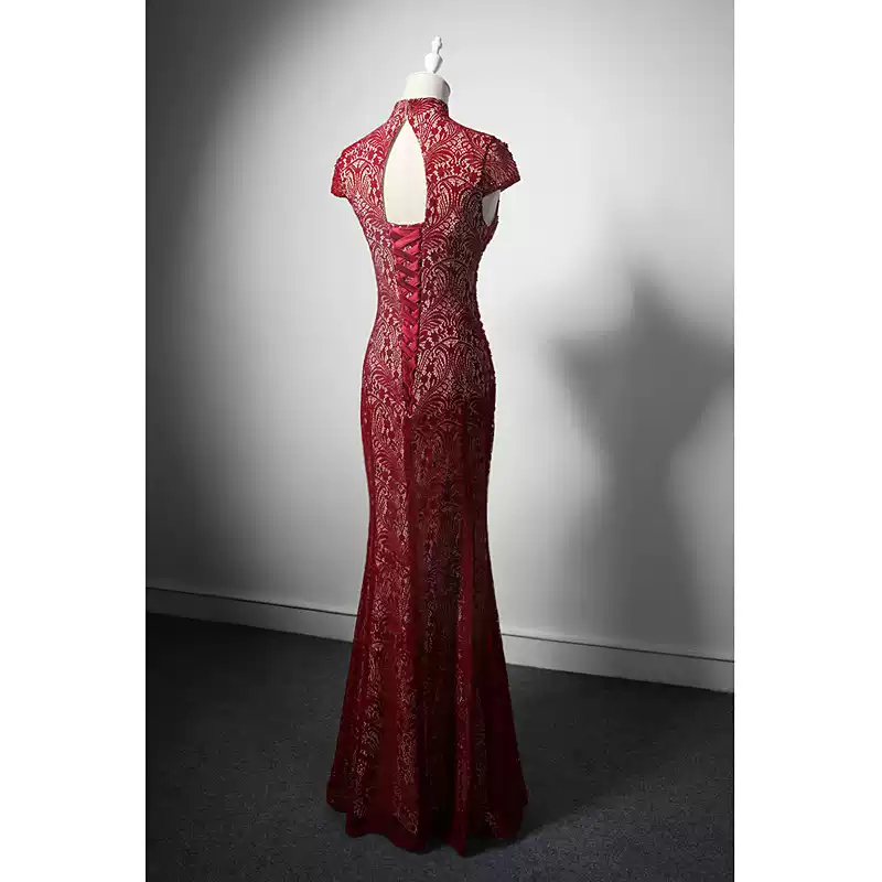 Red Cheongsam Dress with High Neck and Lace – Elegant Mermaid Evening Gown with Back Keyhole Custom Order Plus Size