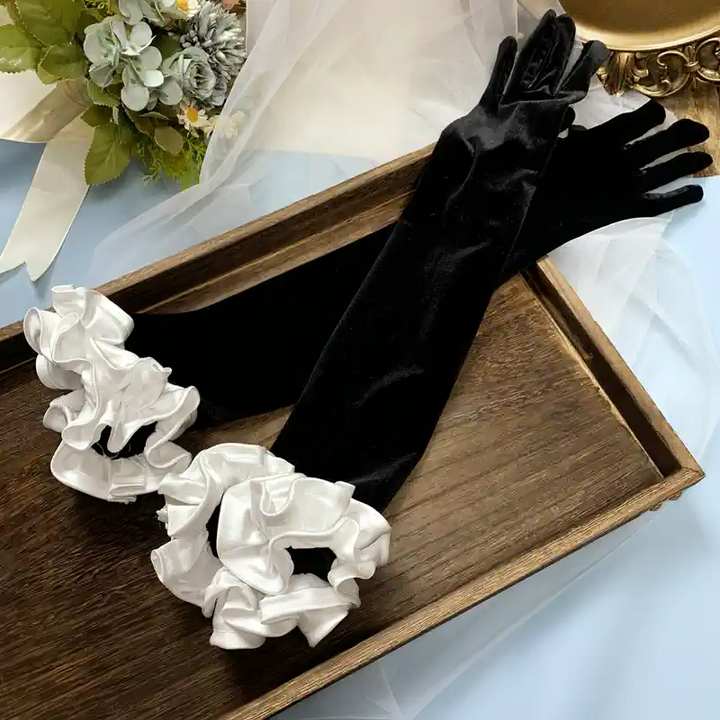 Long Black Velvet Bridal Gloves with White Satin Ruffle Accents