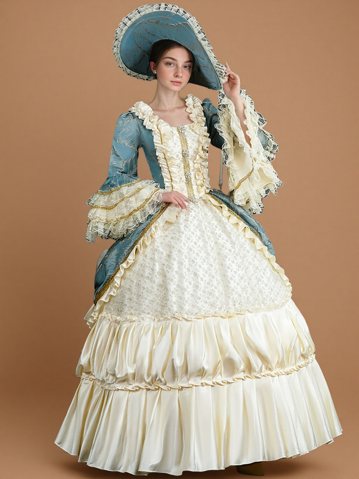 Marie Antoinette Rococo Ball Gown in Powder Blue and Ivory with Lace Bell Sleeves – Baroque Wedding Dress Plus Size