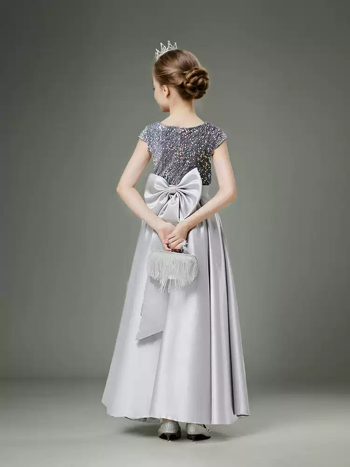 Grey Satin Flower Girl Dress with Glitter Bodice – Special Occasion Flower Girl Dress with Bow Plus Size