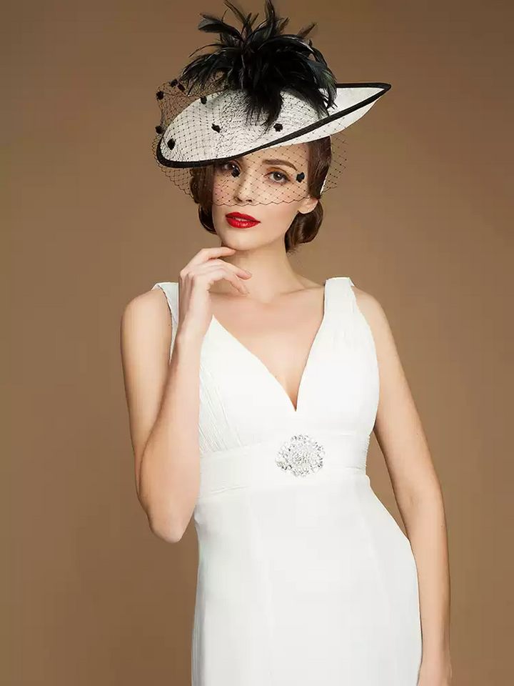 Elegant White and Black Fascinator Hat - Black and White Hat with Feather and Veil