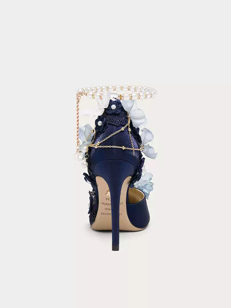 Gothic Bridal Deep Blue Floral Pearl Embellished High Heel Sandals