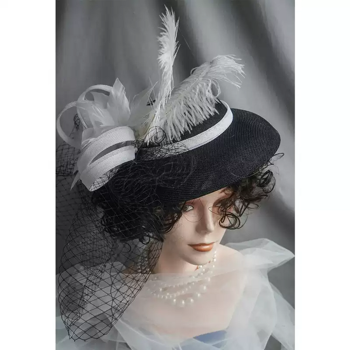 Dramatic Black Fascinator Hat with Feather - Black Bowler Hat with Feathers and Veil