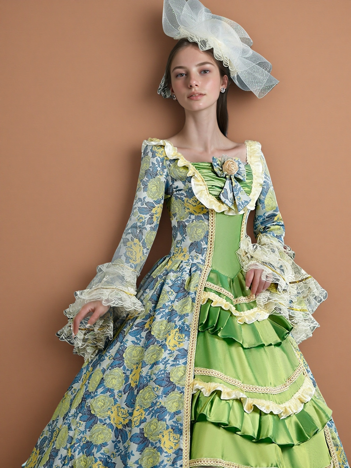 Marie Antoinette Rococo Style Dress in Green and Blue Floral Brocade with Lace Bell Sleeves – Baroque Ball Gown Plus Size