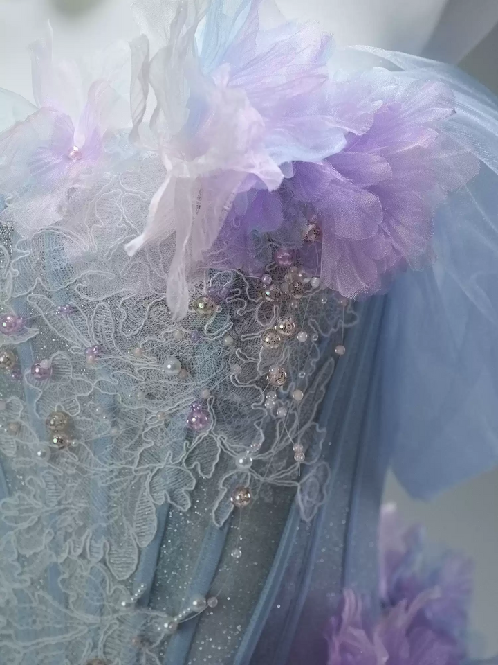 Blue and Purple High Low Dress with Floral Appliqué and Tulle – Strapless Evening Dress with Corset Back Plus Size