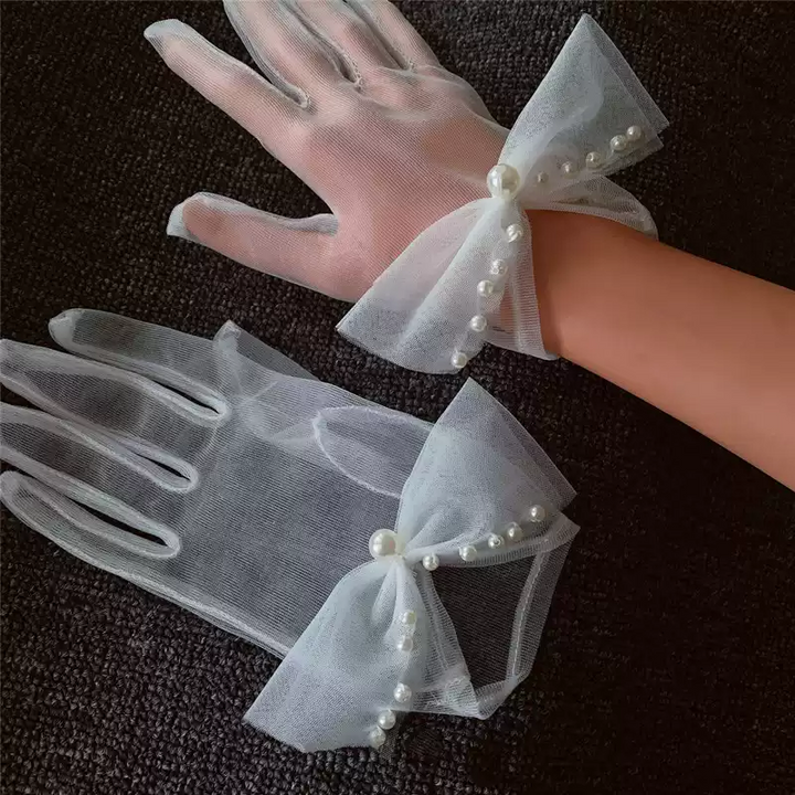 Vintage-Inspired White Tulle Bridal Gloves with Pearl-Embellished Bows