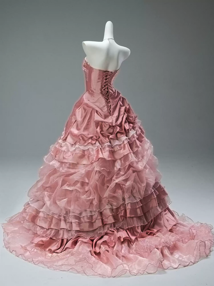 Pink Layered Tulle Ruffle Dress with Embroidery – Strapless Evening Dress with Corset Back Plus Size
