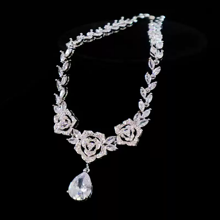 Silver Floral Zircon Jewelry Set - Bridal Necklace and Earrings Set