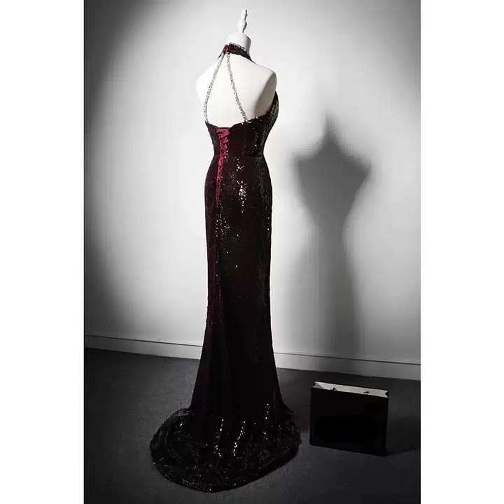 Gothic Red Evening Dress with Embellished Halter Neck - Designer Sequin Gown - Designer Sequin Gown Plus Size