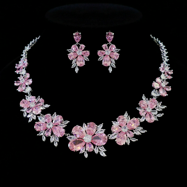 Vintage-Inspired Pink Floral Necklace - Diamond Necklace and Earring Jewelry Set