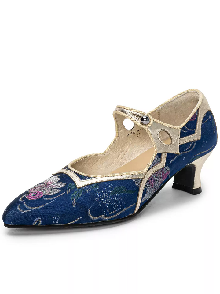 Handmade Regency Blue Brocade Mary Jane Heels with Lambskin Insole