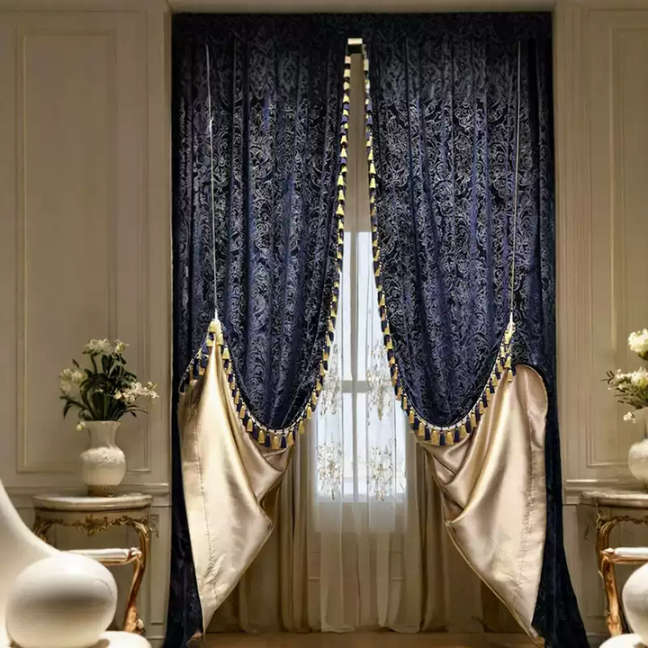 “Nocturne in Gold” Rococo Curtains – Velvet Versailles Drapes with Baroque Tassels for Romantic Home Interiors