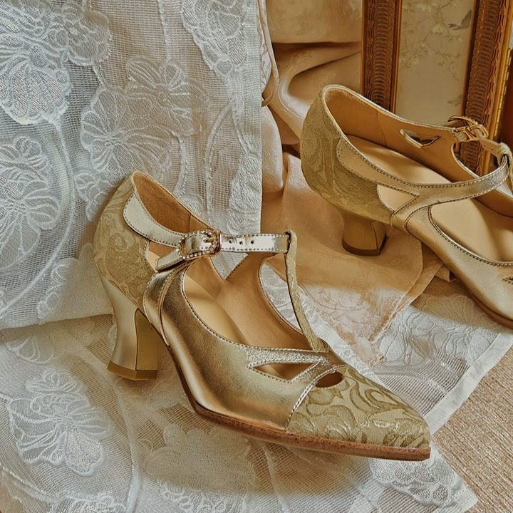 "Golden Reverie" – Handmade Vintage T-Strap Leather Heels