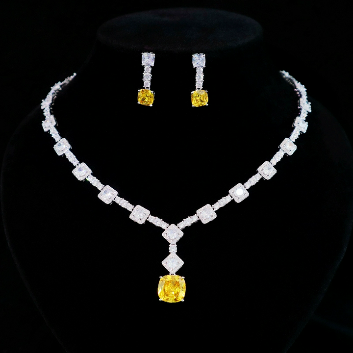 Vintage-Inspired Diamond and Zircon Necklace and Earrings Jewelry Set