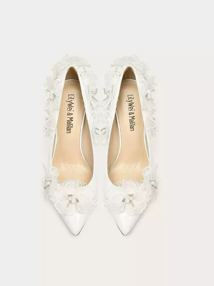 White Lace Bridal High Heels with Beaded Details