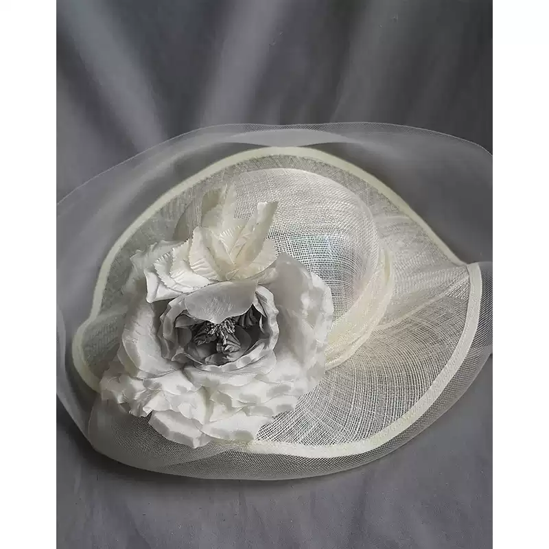 Vintage-Inspired Wide-Brimmed White Hat - Ladies Bowler Hat with Floral and Tulle