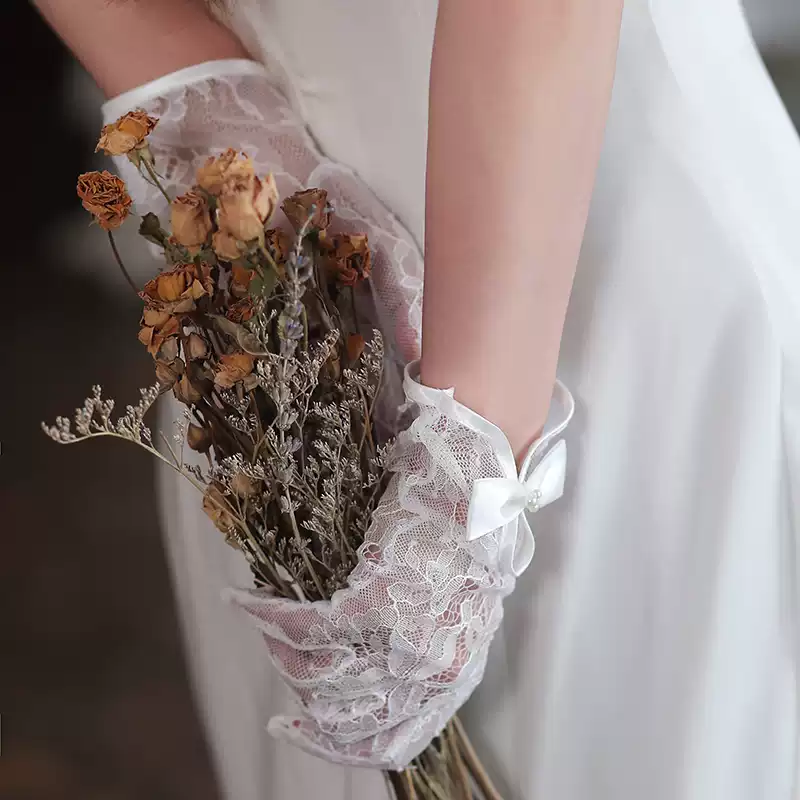 Elegance White Floral Lace Bridal Gloves with Satin Bow