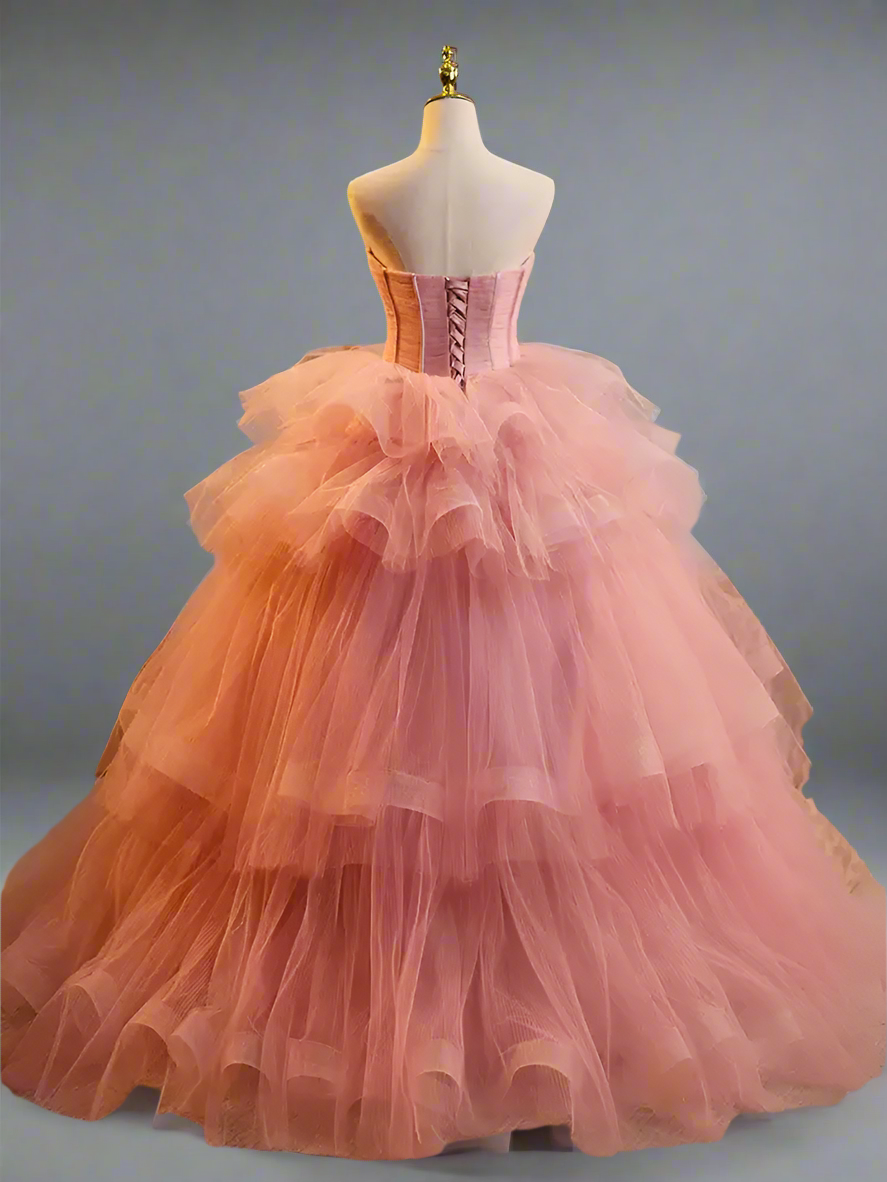 Pink Strapless Evening Ball Gown - Princess Ball Gown with Corset Back - Layered Tulle Ruffle Dress Plus Size