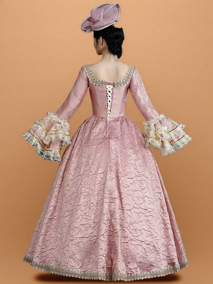 Marie Antoinette Rococo Style Dress in Pink Floral Brocade with Embroidered Front Panel – Baroque Wedding Gown Plus Size