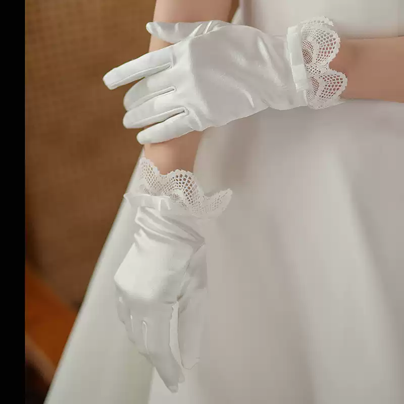 Elegant White Satin Bridal Gloves with Lace Cuffs and Bow Details