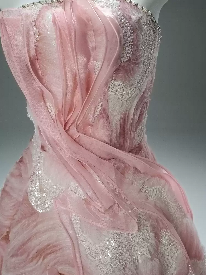 Pink Evening Dress Ball Gown with Glitter Floral Embroidery – Strapless Evening Gown with Sheer Neck Wrap Plus Size