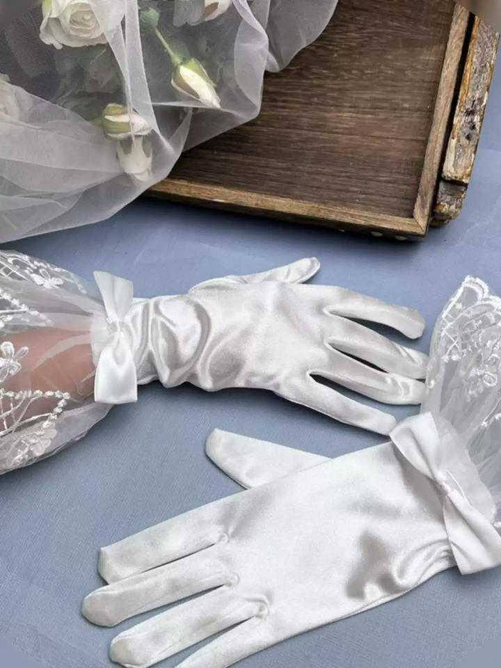 Vintage-Inspired Satin Bridal Gloves with Lace Fan Detailing and Bow Accents