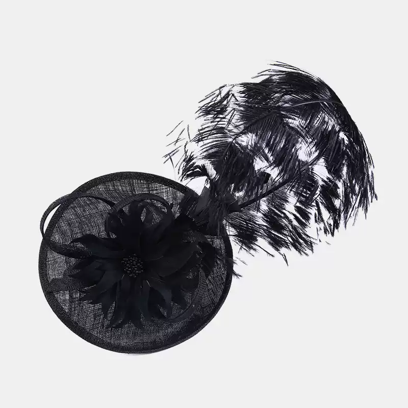 Dramatic Black Fascinator with Feather Accents - Elegant Feathered Cocktail Hat