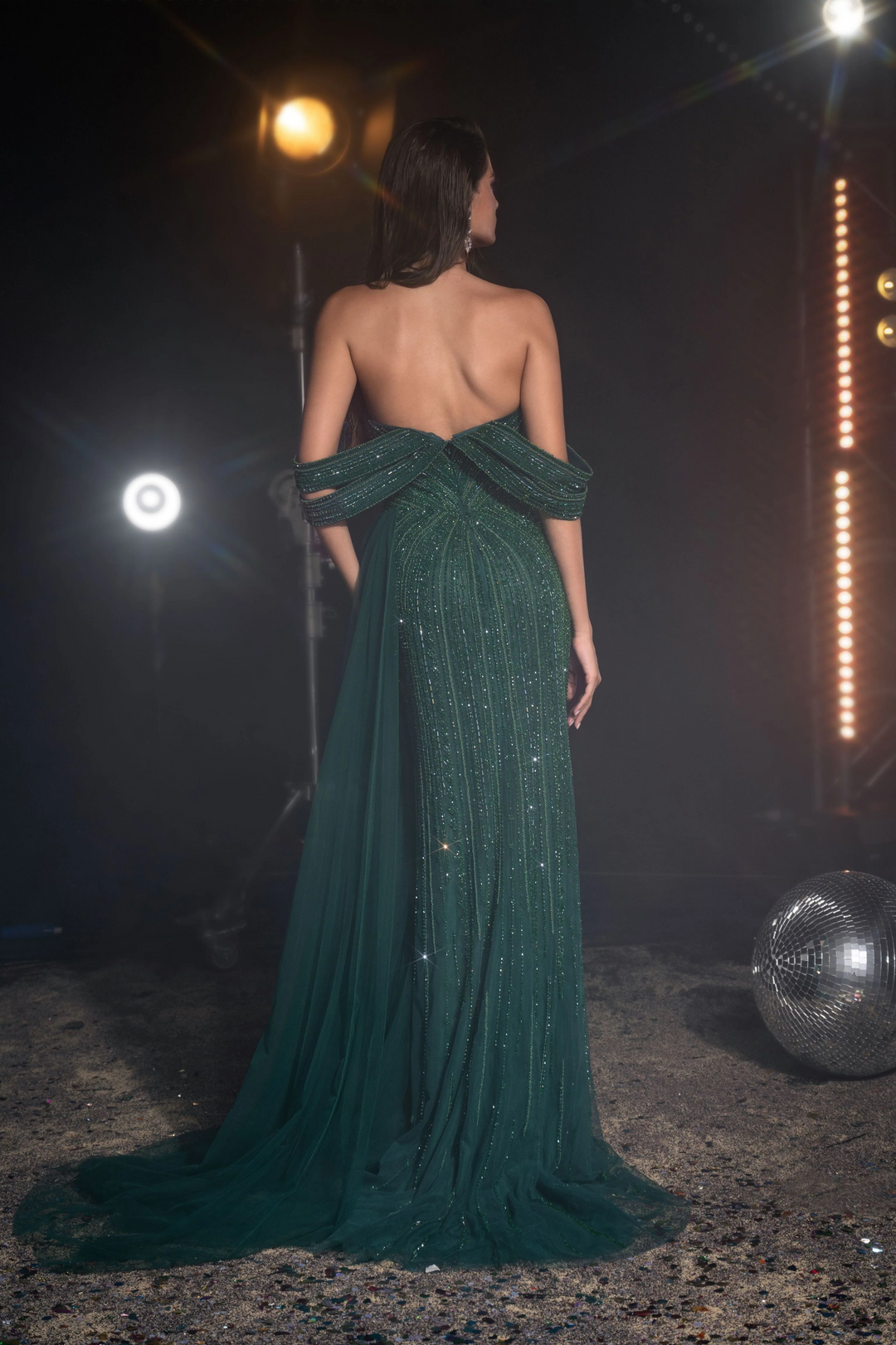 Gothic Emerald Green Designer Sequin Gown with Draped Sleeves - Pretty Sequin Dress with Side Slit Plus Size