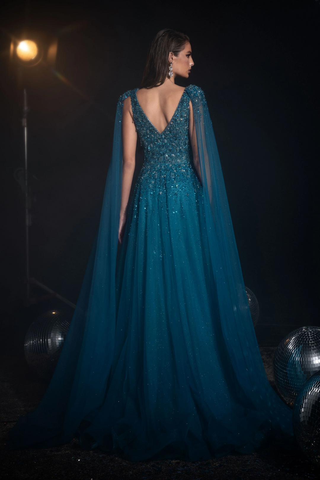 Gothic Royal Blue Prom Dress with Cape Sleeves - Designer Sequin Gown - Embellished Gown Plus Size