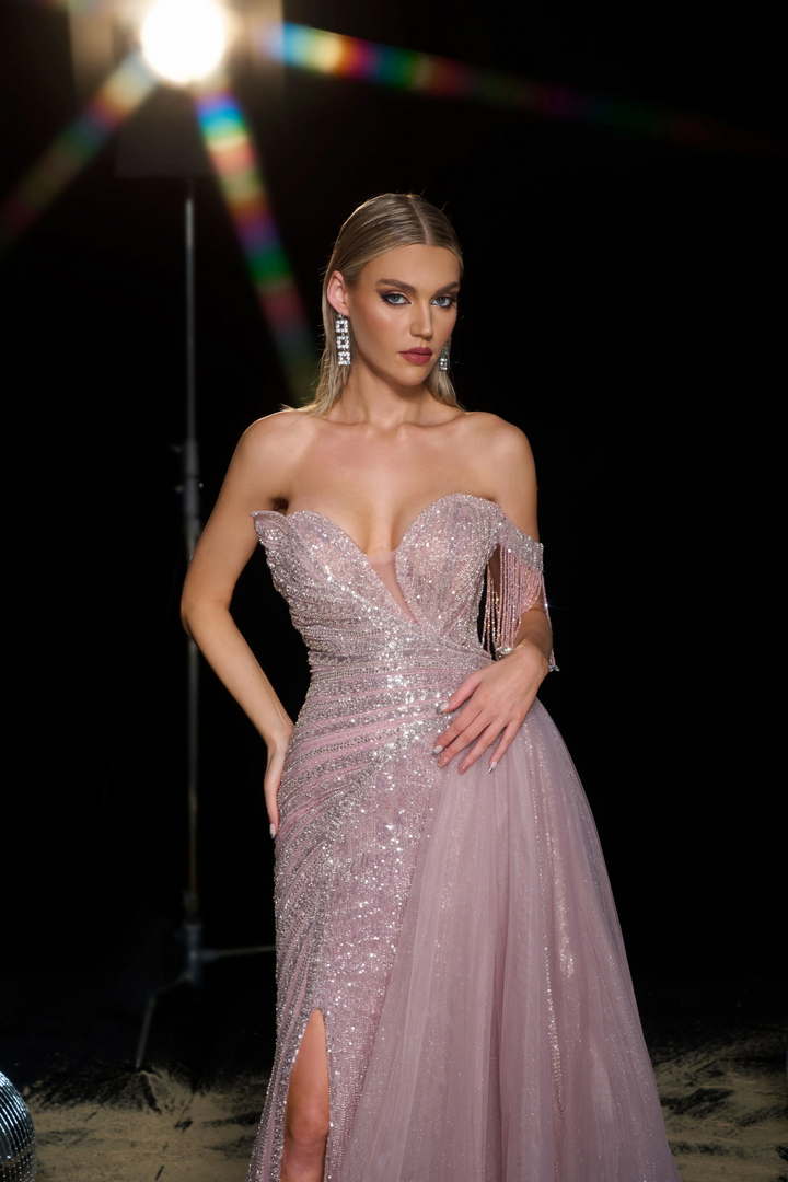 Blush Pink Sequin Ball Gown with Draped Tulle - Designer Sequin Gown with Off-Shoulder Sleeves - Pretty Sequin Dress with Thigh Slit Plus Size