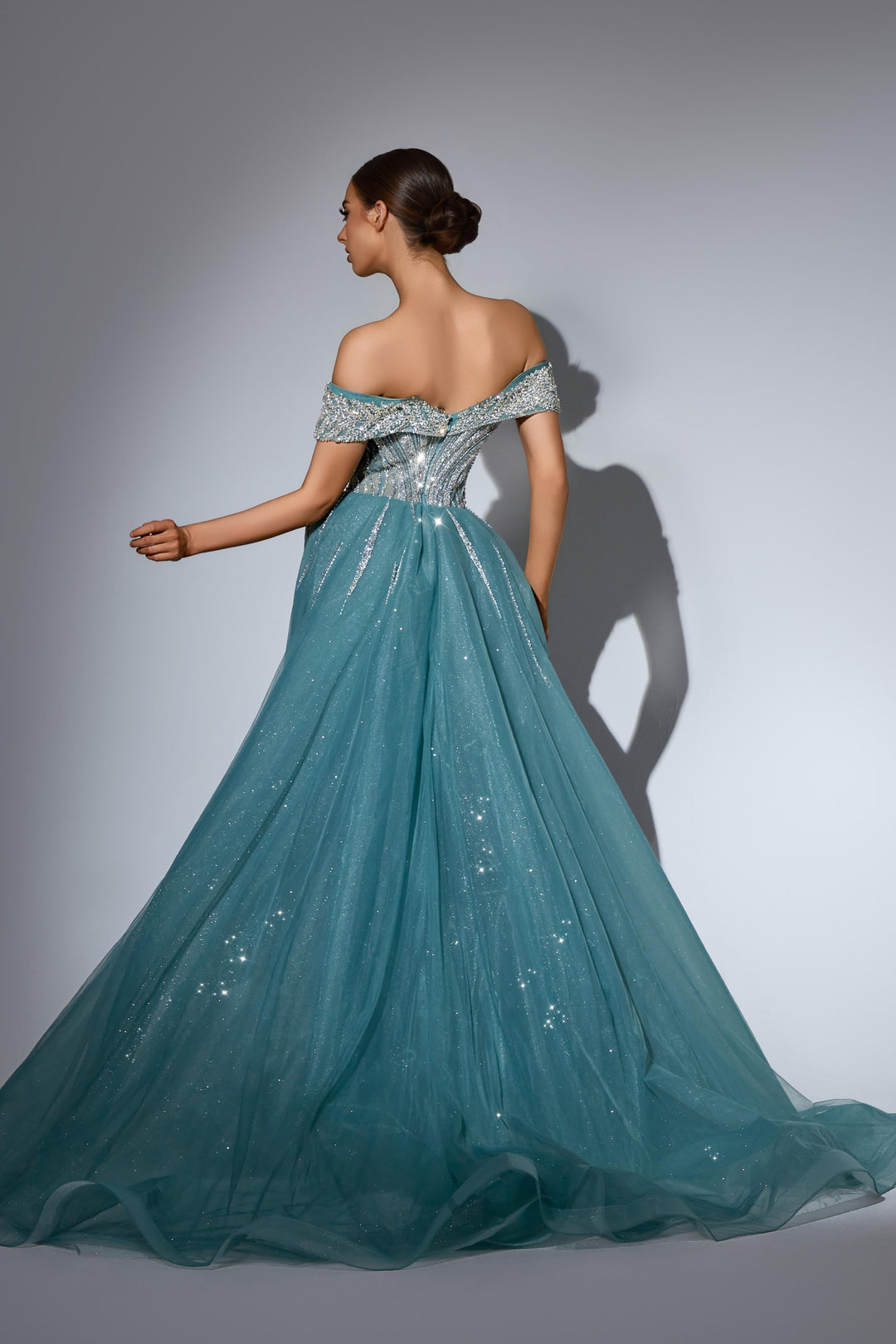Champagne Sequin Dress with Off Shoulder Bodice and Overskirt – Sequin Ball Gown Plus Size