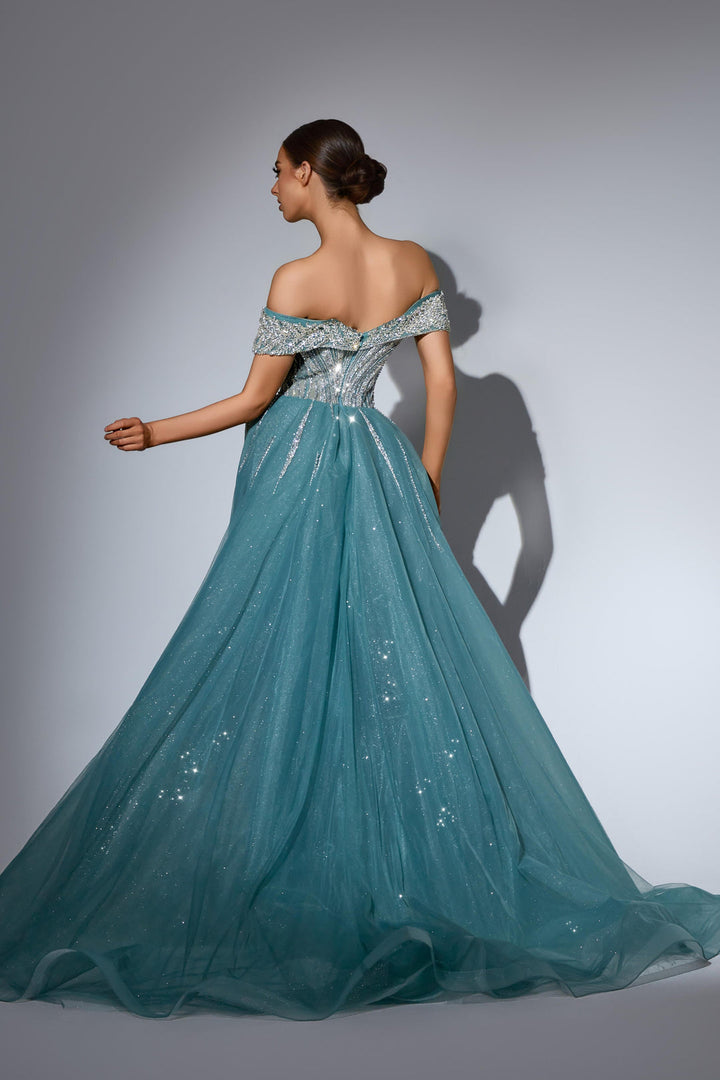 Champagne Sequin Dress with Off Shoulder Bodice and Overskirt – Sequin Ball Gown Plus Size